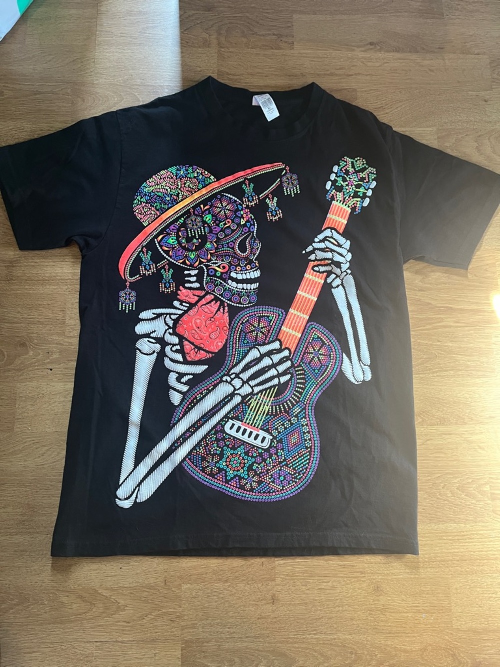 Day of the Dead Skeleton Guitar Tee - Black with Neon Accents